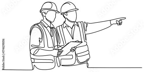 Continuous one line drawing of two construction workers in hard hats and safety vests pointing vector