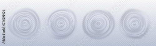 Concentric circles from water drop impact with sound wave ripples spreading outward for motion graphics. Splash rings on transparent background. Radial disturbance and liquid visualization elements.