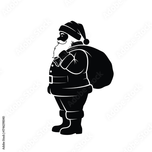 Black silhouette of Santa Claus carrying a sack white background