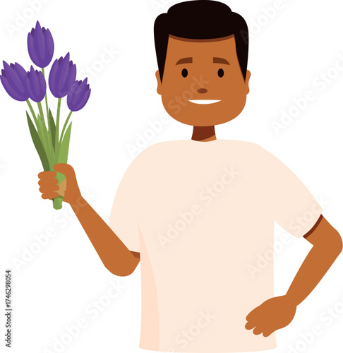 Happy dark skinned man holding a bouquet of purple tulips, celebrating a special occasion like mother's day or valentine's day
