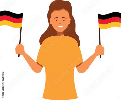 Smiling woman celebrating germany national holiday, waving two german flags with pride and patriotism