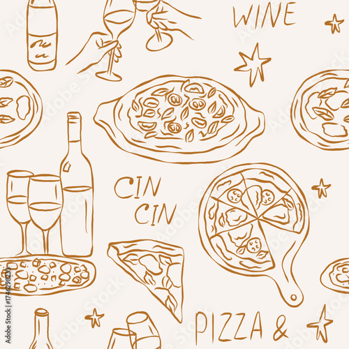 Hand drawn wine and pizza seamless pattern