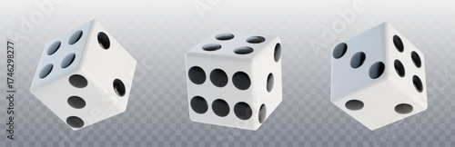White dice with black dots for 3d game mechanics and casino entertainment on transparent bg. Cubic gambling objects with different number combinations. Board gaming pieces and probability tools.