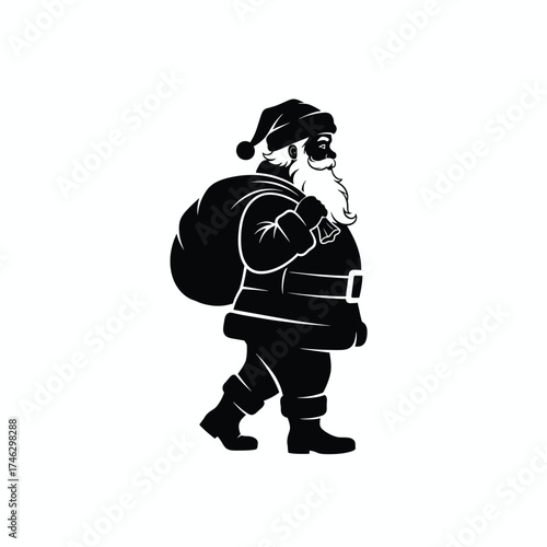 Black silhouette of Santa Claus walking with sack white background