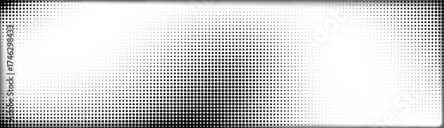 Halftone grunge bg with gradient dots and fading pattern for vintage print or poster design. Black circular elements on white surface with retro texture. Comic book style and screen printing effect.