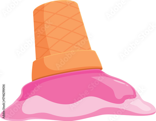 Pink ice cream melting from its cone on a hot summer day