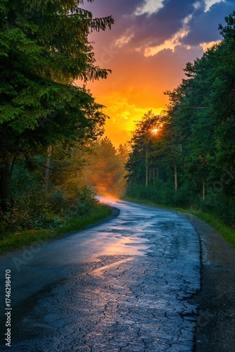 Wet road reflecting a vibrant sunset as it curves through a lush