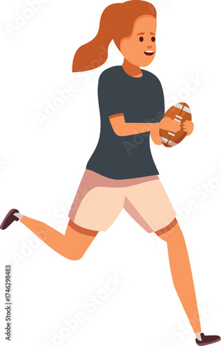 Energetic female rugby player sprinting across the field, firmly gripping the ball, showcasing athleticism and determination