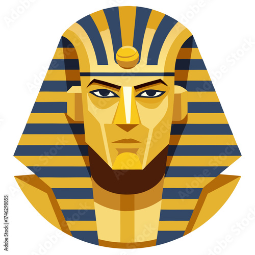 Egyptian pharaoh face with gold and blue striped headdress, blue eyes, and ceremonial beard.