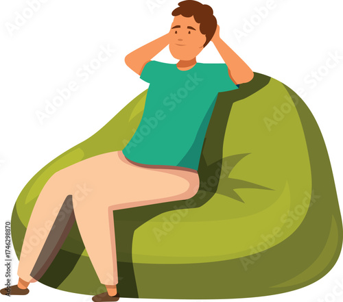 Young man is relaxing on a comfortable beanbag chair, hands behind his head, enjoying his leisure time