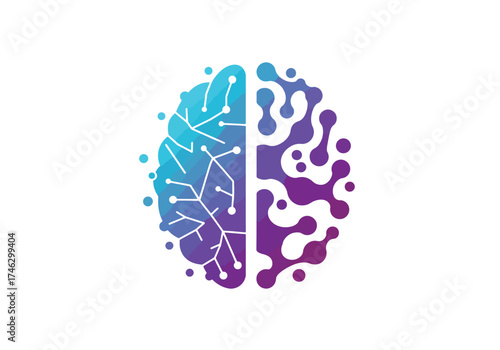 A stylized representation of a human brain, split into two distinct halves, showcasing technology and abstract design.