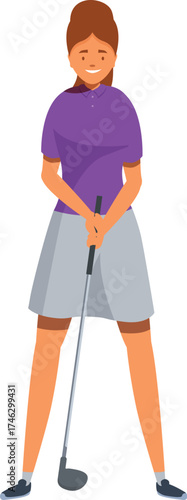 Smiling woman golfer is holding golf club, posing for photo, isolated vector illustration on white background