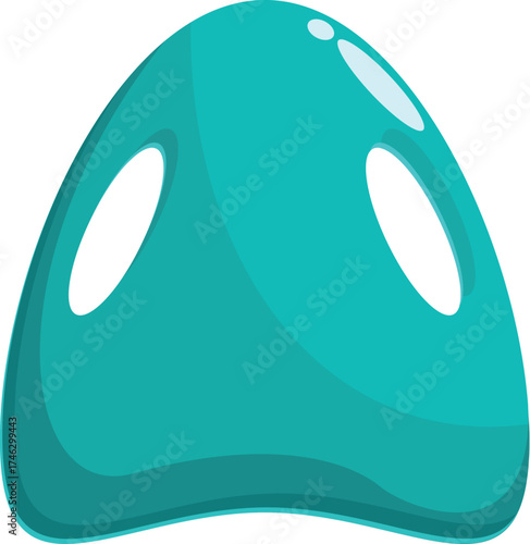 Turquoise abstract blob with two holes resembling eyes and a curved bottom lip, creating a funny, surprised, or curious facial expression