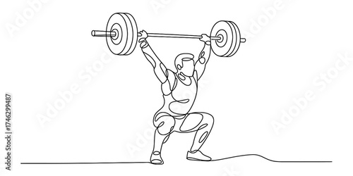 Continuous line drawing of a weightlifter performing an overhead squat with a barbell vector