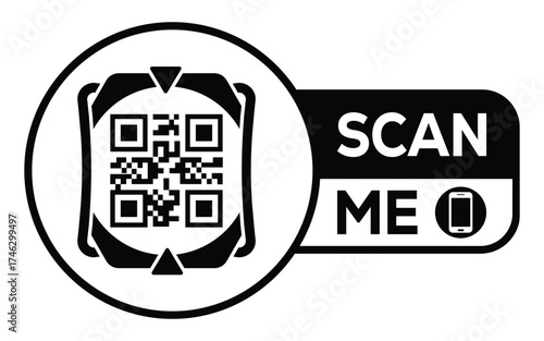 Minimalist black and white QR code label design with "SCAN ME" message, modern style, ideal for marketing, digital menus, business promotions, and mobile-based contactless solutions.	