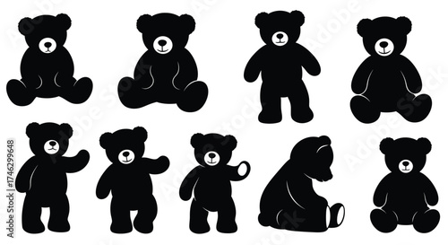 Black teddy bear silhouettes various poses white background