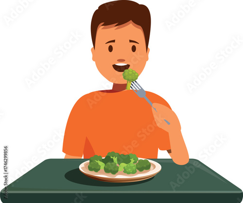 Happy child enjoying a healthy meal of broccoli, promoting the importance of vegetables in a balanced diet
