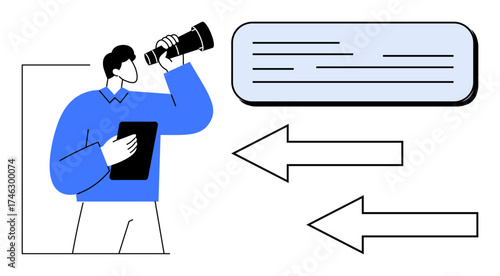 Person holding a telescope and notebook, analyzing information. Text bubble and arrows suggest idea exploration, communication, and goal setting. Ideal for planning, leadership, opportunity