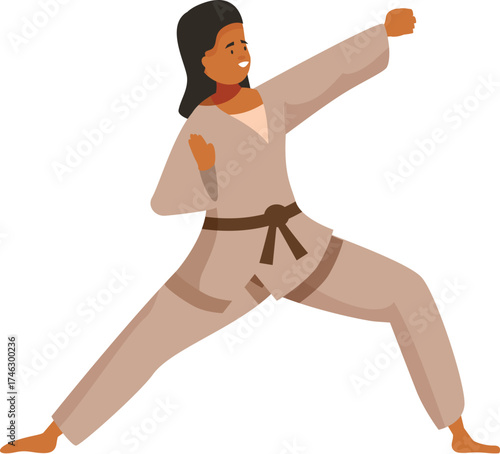 Young woman practicing martial arts wearing kimono and brown belt is performing a karate kick