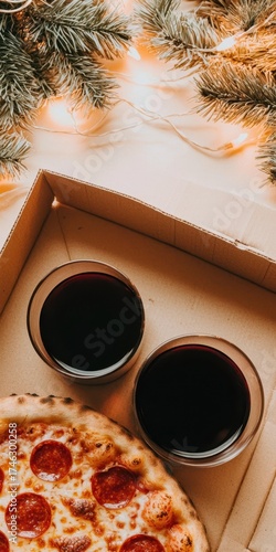 Delicious Pizza and Glasses of Red Beverage on Cozy Background