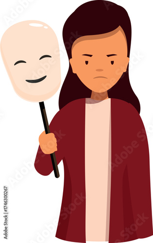 Sad woman holding a happy mask, hiding her true feelings, expressing the concept of fake emotions