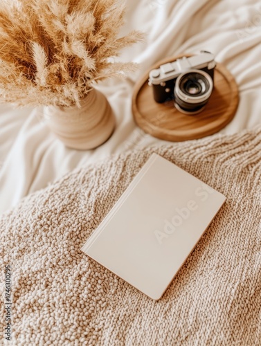 Soft textures with book, camera and dried flower arrangement