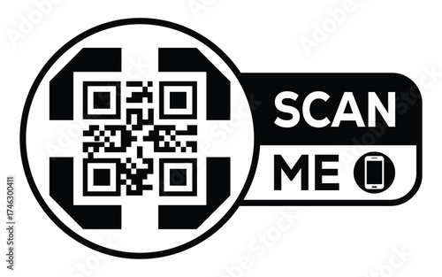 Minimalist black and white QR code label design with "SCAN ME" message, modern style, ideal for marketing, digital menus, business promotions, and mobile-based contactless solutions.	
