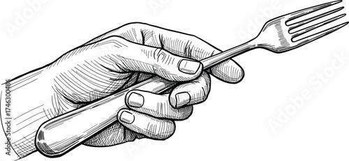 Vintage hand holding fork illustration in detailed engraving sketch style for restaurant, culinary, food, dining, and kitchen vector design