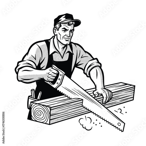 Carpenter sawing wood planks vector
