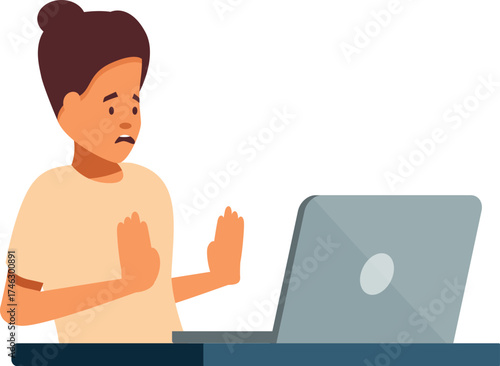 Young woman showing stop gesture with hands due to something shocking she's seeing on her laptop, internet safety and online security concept