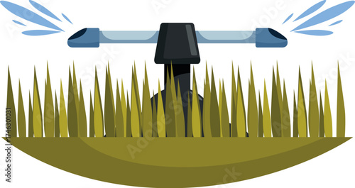 Rotating sprinkler watering dry grass in the garden, gardening and irrigation concept