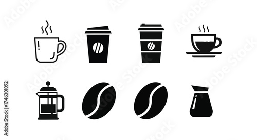 Coffee icons french press cups beans cezve vector