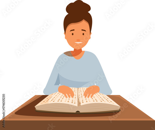Smiling young woman reading braille book at wooden desk, promoting education for visually impaired people