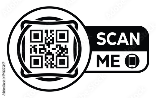 Minimalist black and white QR code label design with "SCAN ME" message, modern style, ideal for marketing, digital menus, business promotions, and mobile-based contactless solutions.	
