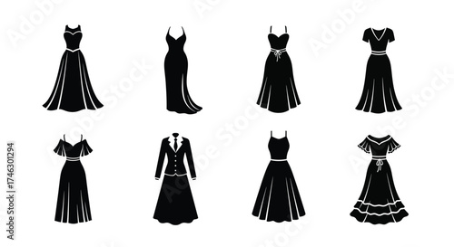 Collection of black dresses and formal wear silhouettes