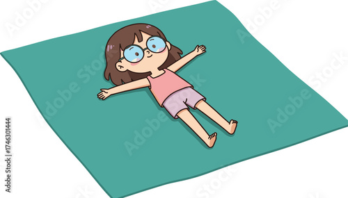 Cute cartoon girl lying on mat, relaxing child illustration, summer leisure concept, happy kid character, vector drawing, peaceful rest, outdoor relaxation
