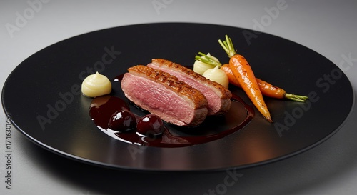 Fototapeta Naklejka Na Ścianę i Meble -  Elegant Gourmet Duck Breast with Carrots and Cherry Sauce on Black Plate