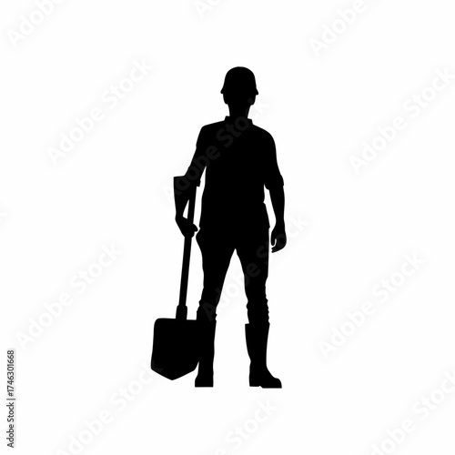 Silhouette of an engineer supervising road expansion project isolated on white background