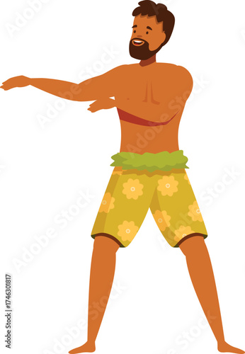 Male dancer performing energetic hawaiian dance, wearing traditional attire and expressing joy and cultural pride