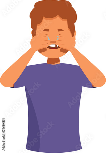 Sad child covering his face with his hands, shedding tears of sorrow and disappointment