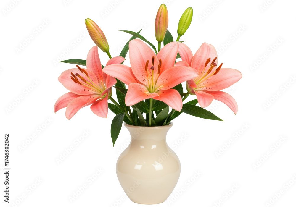 Obraz premium Elegant pink lilies in a vase isolated on transparent PNG, beautiful floral arrangement for home decor and special occasions