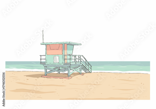 Colorful Lifeguard Tower on Sandy Beach with Ocean View Illustration.