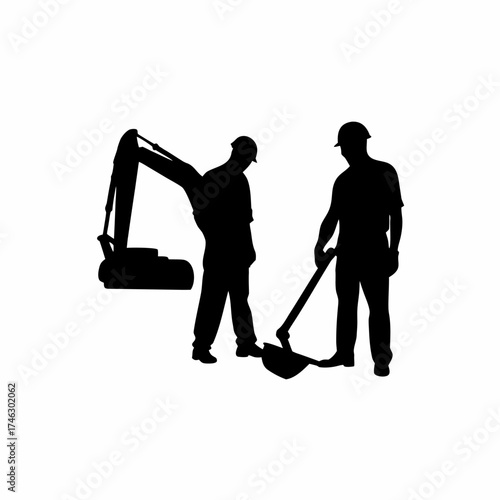 Silhouette of excavator operator digging soil beside worker isolated on white background