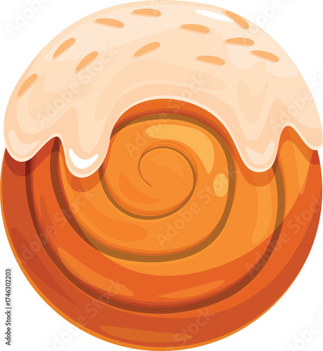Sweet cinnamon roll coated in white icing and sprinkled with sesame seeds, creating a tempting treat
