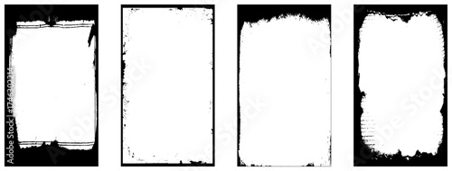 Photo border stroke set - minimalist black rectangular edges with scratched grungy perimeter and distressed worn texture. Realistic clean monochrome frames for vintage prints and design.