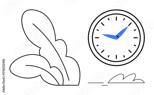 Clock with blue hands surrounded by minimal plant elements, representing harmony and balance. Ideal for productivity, time tracking, nature connection, mindfulness, scheduling, simplicity, time