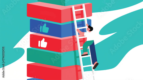 illustration of small person climbing a massive, vertical ladder made entirely of layered views, likes, and shares statistics blocks.eps