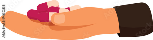 Open hand holding several red and white capsules, offering medication or demonstrating pharmaceuticals