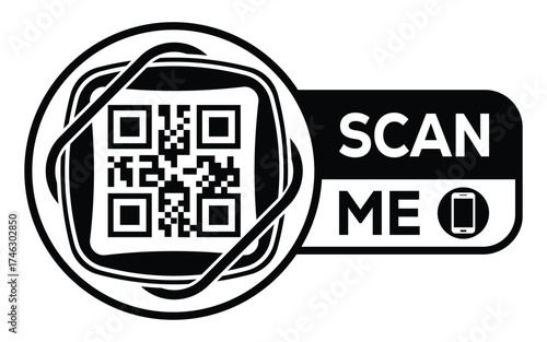 Minimalist black and white QR code label design with "SCAN ME" message, modern style, ideal for marketing, digital menus, business promotions, and mobile-based contactless solutions.