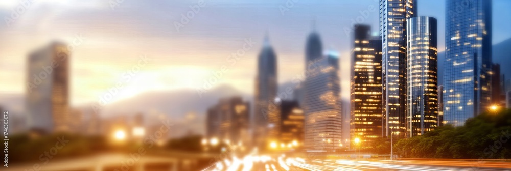Fototapeta premium Evening cityscape with illuminated skyscrapers business district at dusk urban economy financial hub modern metropolis economic activity global commerce night lights